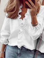 Frilly ruffle top in white with ruffle-trimmed V-neckline