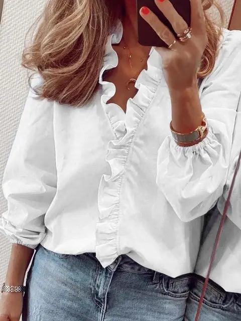 Frilly ruffle top in white with ruffle-trimmed V-neckline